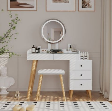 Dressing Table With LED Lights & Extendable Side Table, Stool